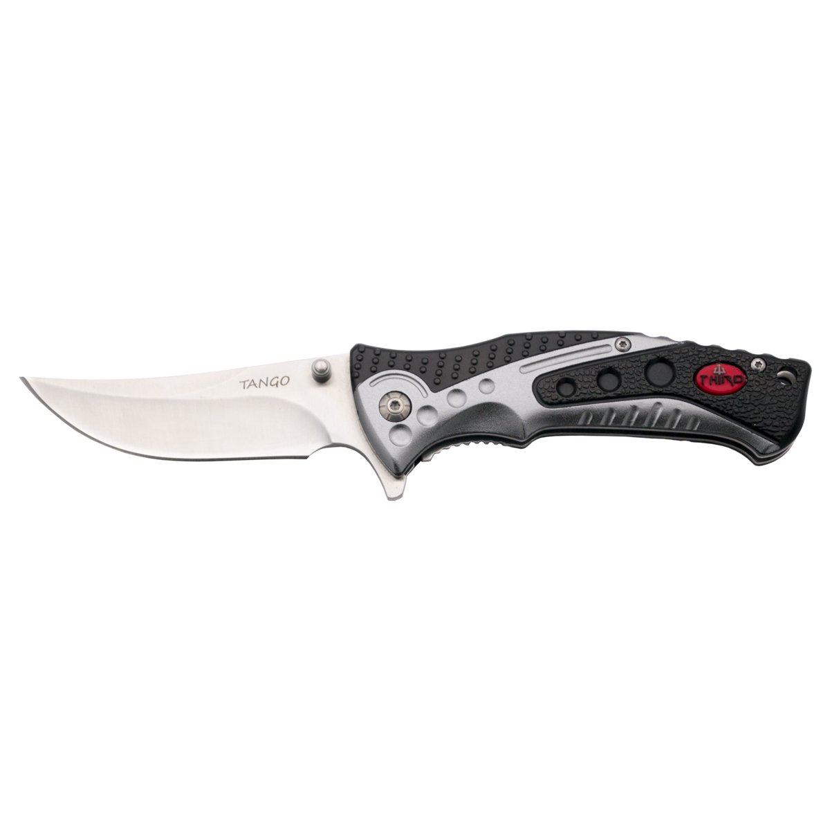 THIRD Coltello pieghevoli Tango 91072G, Mango Grigio e Nero Alluminio, Lama in Acciaio Inox 9 Finitura Satinata cm. con Clip, attrezzo da Campeggio per la Pesca, Caccia, attività Sportive