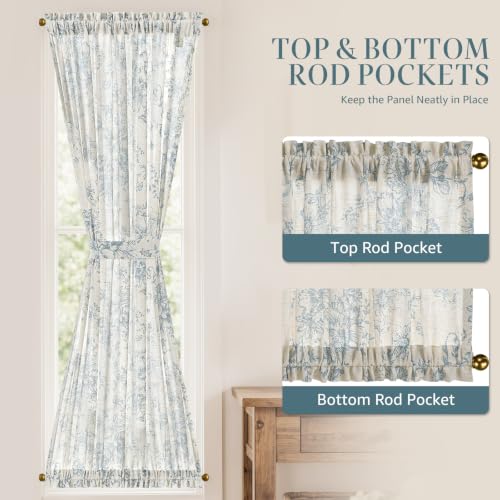 Image of jinchan Alice Floral French Door Curtain Farmhouse Linen for Sliding Glass Door 72 Inches 1 Panel with Tieback Light Filtering Curtain for Window Patio Rod Pocket Blue on Linen