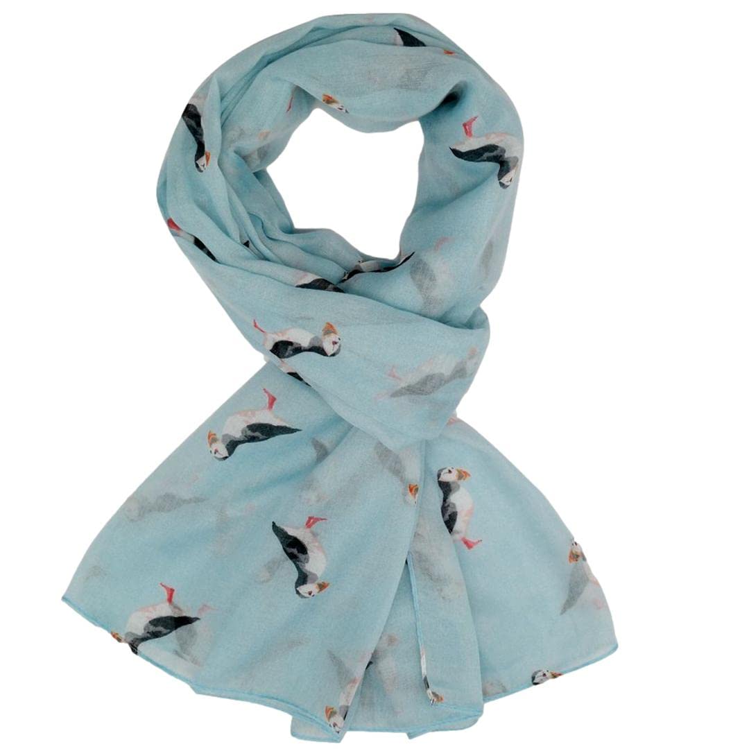 Purple Possum Women's Blue, Pale Blue, Light Blue, Duck Egg Blue Purple Possum® Blue Puffin Scarf Puffins Shawl Cute Large Bird Print Wrap Birds