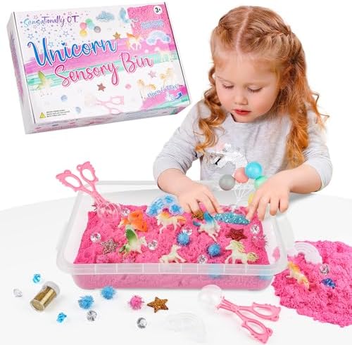 Unicorn Sensory Sand Bin-38 PCS Set with 2 lb Magic Sand, Sensory Bin for Toddlers & Scooper-Count Sparkly Pom-Poms, Bring Unicorns to Life – Ideal Gift for Kids
