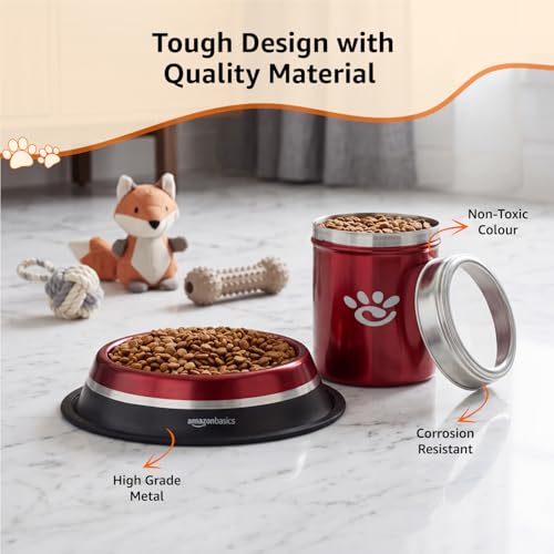 Image of Amazon Basics Stainless Steel Pet Feeding Bowls for Dog & Cats | Anti Slip Base | 2 Pcs Set | Canister & Dog Bowl in Double tonned | Canister 1000 ml & Dog Bowl 900 ml