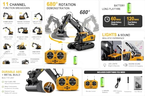 Image of RC JCB Toy Excavator for Kids - 1:20 11-Channel Metal Remote Control Construction Vehicle with Lights, Sounds & 680 Rotation Yellow Digger Truck (Ages 6-12)