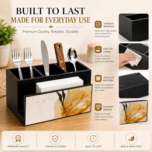 Image of Wooden Cutlery Holder I Countertop Organizer - Spoon Fork Knife Napkin Tissue Paper I Desk Supplies Pencil Pen Stationery Stand I Home & Kitchen I Size 7X 5 X 4, Autumn Black