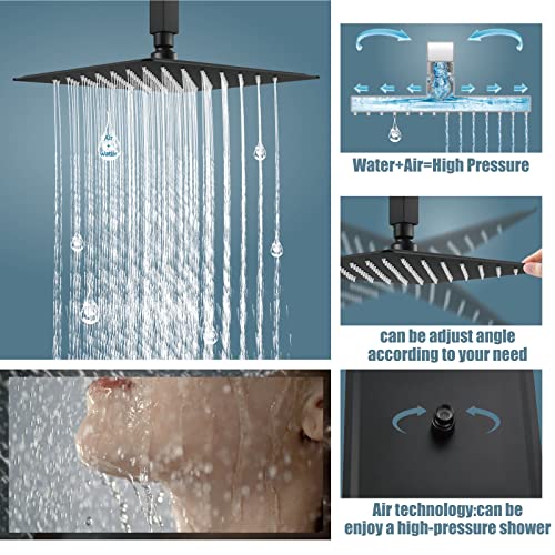 Aolemi Matte Black Shower System 12 Inch Rain Shower Head Ceiling Mount with Handheld Spray Luxury High Pressure Shower Combo Set Rough-in Valve and Shower Trim Included Bathroom