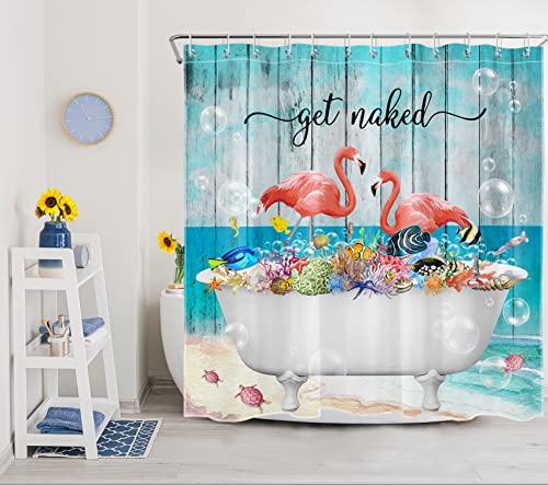 Lb YL28886-180-D Pink Flamingo Shower Curtain Tropical Fish Coral In Bathtub On Beach Shower Curtain Set Blue Ocean Get Naked Shower Curtains thumb #1