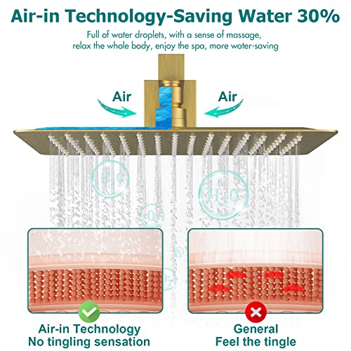 Gold Shower System with Jets, STARBATH 12 Inch Wall Mount Rainfall Shower System with Handheld Spray and 6 Jets, Can Run All Together Contain Shower Faucet Rough-in Valve Body and Trim -Brushed Gold