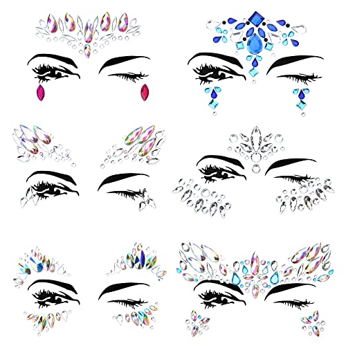 CASSIECA 6 PCS Augen Körper Gesicht Glitzersteine Aufkleber Selbstklebende Kristall Aufkleber Wasserdichte Gesicht Juwelen Temporäre Tattoo Aufkleber Nagel für Frauen Rave Party Festival Halloween Cover