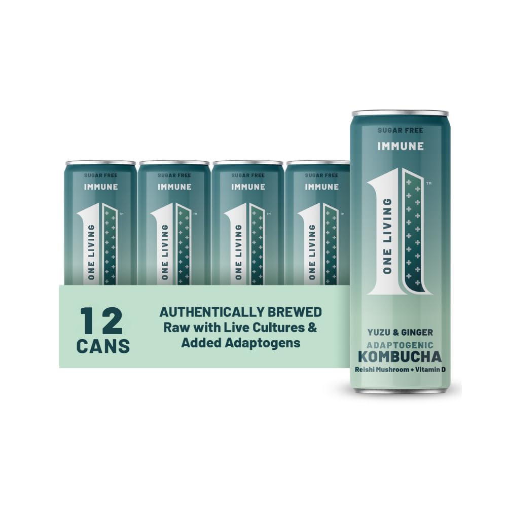 One Living Plus Immune Kombucha Drink - Ginger 12x 250ml Cans - Authentically Brewed Kombucha with Live Cultures - Added Reishi Mushroom and Vitamin D