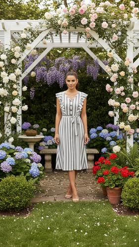 Image of Women A-Line Midi Dress | V-Neck Cap Sleeve One Piece Dress with Waist Tie Detail | Knee Length Flowy Dress for Party and Casual Styling