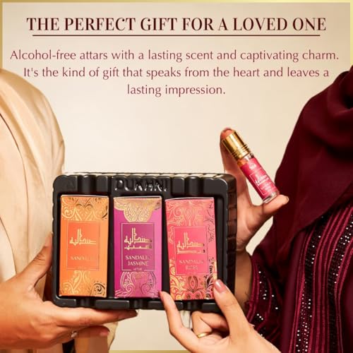 Image of Sandalwood Attar Oil Set by Dukhni | Arabian sandalwood perfume oils | 3 assorted scents x 6ml | Alcohol free, Vegan, Sandalia Collection Set for Gifting | Chandan Prayer Oils, Islamic Fragrances