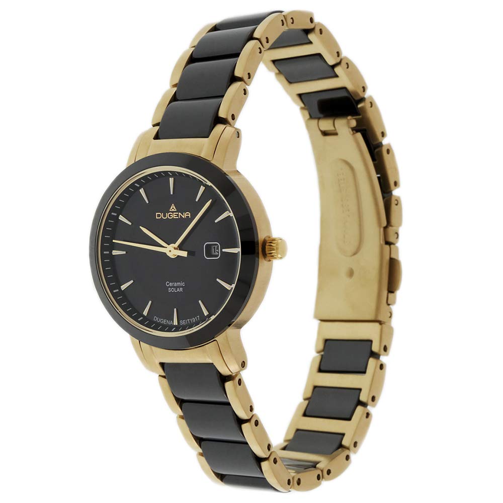 Dugena Damen-Armbanduhr 4461008 Ceramic Solar, Quarz, Solarbetrieb, schwarzes Zifferblatt, Keramik-Edelstahlgehäuse, Mineralglas, Keramik-Edelstahlarmband, Drückerfaltschließe, 5 bar