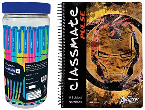 Image of Classmate Octane Neon Gel 25s Jar- 25 Blue Gel Pens Pulse Single Line 5 Subject Notebook - 267mm x 203mm, 60GSM, 250 Pages