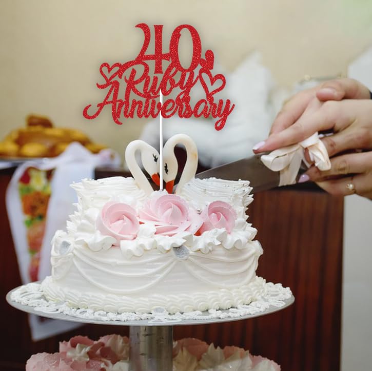 Kit Decorazione Torta 40° Anniversario: Topper Glitterato Con Rubino E 18 Decorazioni Per Cupcake A Cuore, Rosso, Per Matrimonio E Festa