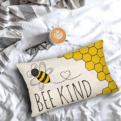 Aremetop Bee Kind Throw Lumbar Pillow Cushion Case 12X20 Inch Honeybee Spring Summer Farmhouse Honeycomb Decorative Rectangular Waist Cushion Covers For Sofa Couch Bedroom, Yellow Black #TOP1