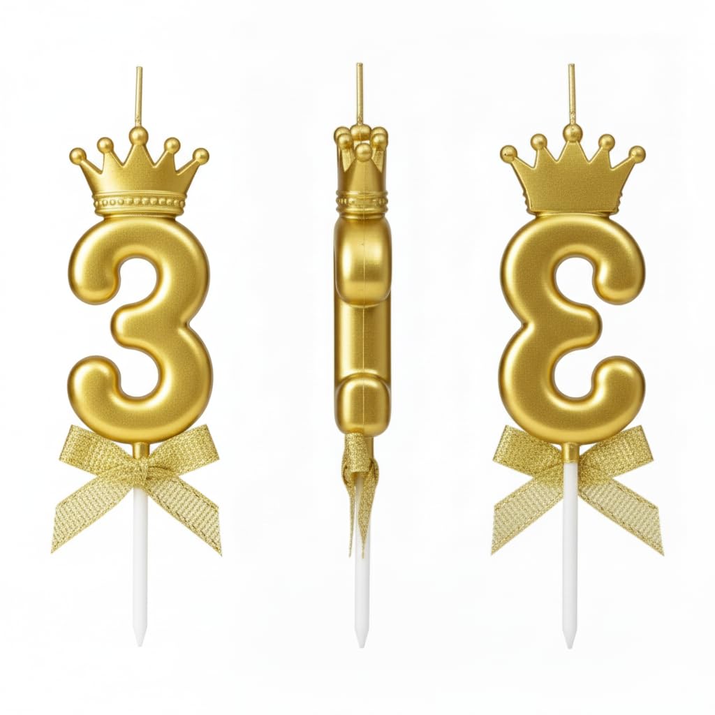 Gold Crown Birthday Candle - 3D Number 3 Cake Topper -7