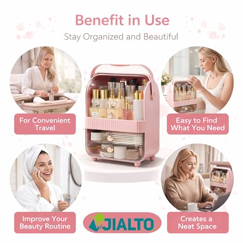 Image of JIALTO Large Cosmetic Organizer Box with Handle - Dustproof Makeup Storage Cabinet with Drawer, Skincare & Perfume Organizer for Vanity, Dressing Table & Bathroom Countertop (37x29.5x20 cm, Pink)