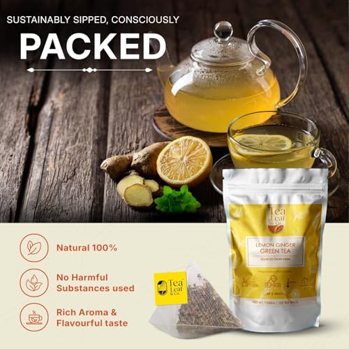 Image of Tealeaf & Co. Lemon Ginger Green Tea with Ginger, Lemon Flavor, Orange Peel, Mint & Black Pepper - Organic Green Tea Bags with Fresh Herbs and Spices - Vegan - 100 Teabags (7.055oz /200gm)