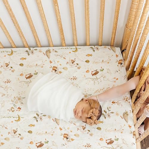 Image of GRSSDER 100% Cotton Muslin Crib Sheet 2 Pack - Breathable & Ultra-Soft Fitted Crib Sheets for Standard Baby & Toddler Mattresses, 52 inchx28 inch with 9 inch Deep Pocket, Snug Fit All-Around Elastic