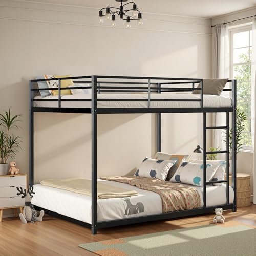 INCLAKE Full Over Full Bunk Bed, Heavy Duty Metal Bunk Bed Frame with Built-in Ladder and Safety Guard Rail, Low Bunk Bed for Teens Adults, Noisy Free & No Box Spring Needed, Black