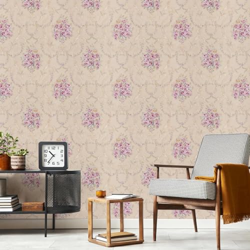 Image of Cream Pink Rose Flower Wallpaper - Self Adhesive Peel and Stick Floral Wall Stickers, Waterproof PVC Vinyl Decorative Paper for Home, Bedroom, Living Room & Furniture (45cm x 300cm)