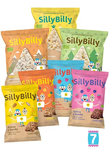 SillyBilly Pack Degustación Mixto - Snacks ecológicos - 4 bolsas de cuadraditos de espelta, quinoa y fruta + 3 bolsas de 30g de tortitas de arroz integral. (Pack 7 bolsitas)