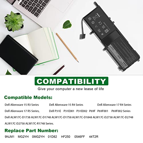 Image of 9NJM1 Battery Replacement for Dell Alienware 17 R4 R5 15 R3 R4 Alienware 15 2018 ALW17C-D1758 P31E P31E001 P31E002 P69F P69F001 P69F002, HF250 0HF250 0MG2YH 9NJMI 44T2R MG2YH 01D82 546FF HF25D 0546FF