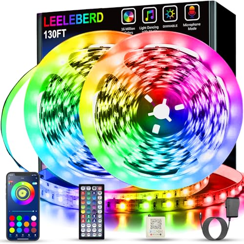 Leeleberd 130 ft Led Lights for Bedroom (2 Rolls of 65FT) Bluetooth Smart APP Control Color Changing RGB Led Strip Lights with Remote Control Led Lights for Room Kitchen Party Home Decoration