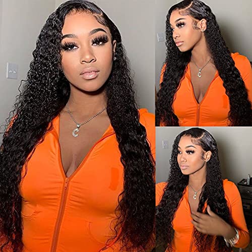 Deep Wave HD Lace Front Wigs Human Hair Pre Plucked Deep Curly Wet and Wavy 13x4 Lace Frontal human Hair Wigs for Black Women Natural Hair Wigs Brazilian Virgin Hair Wigs 150% Density 16 Inch