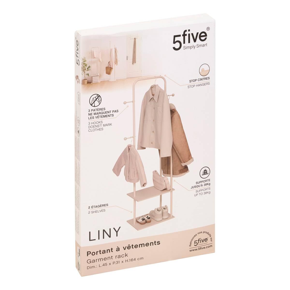 5 five simply smart 5Five - Portant à Vêtement LINY Beige en Metal et Bois - Barre Simple - 45x31x164cm - Organisation Dressing, Accessoire pour Habits