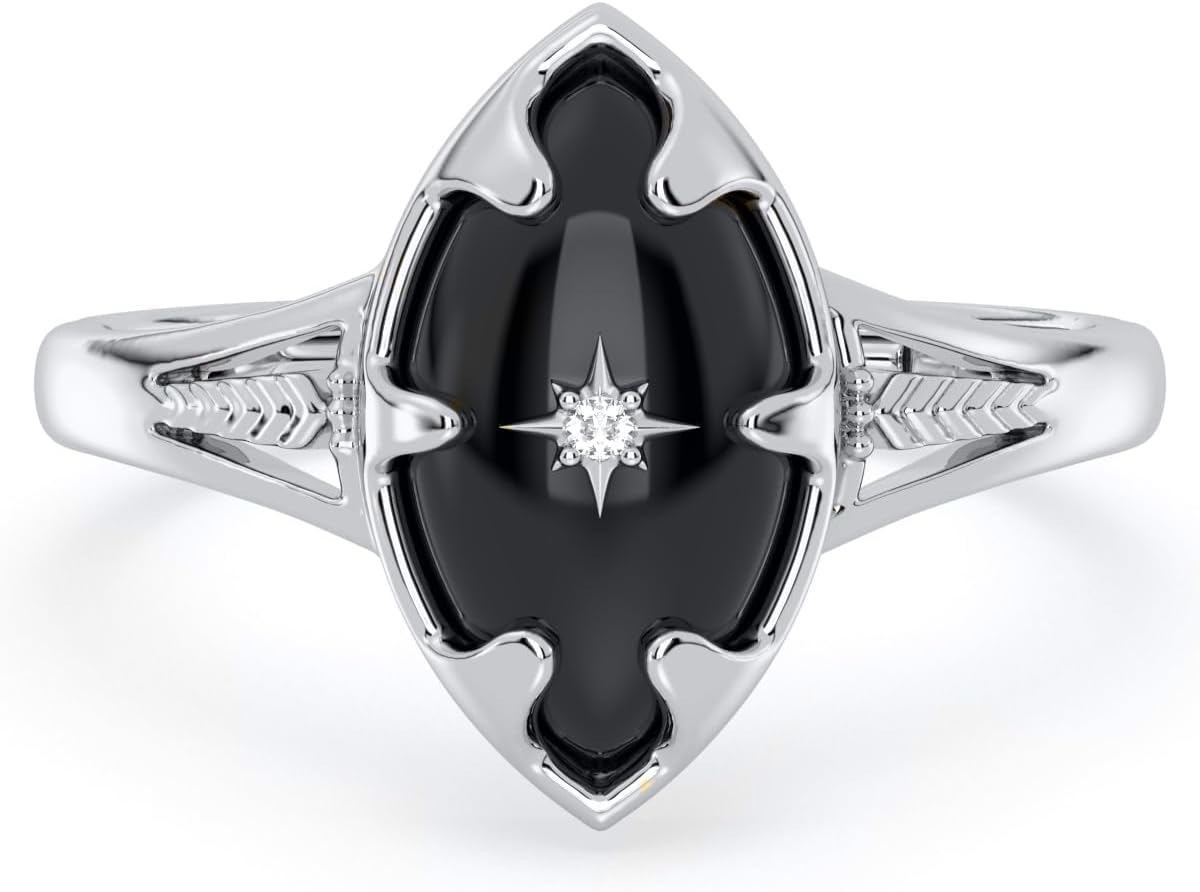 Natural Marquise Black Onyx 925 Sterling Silver Ring for Women (925 Sterling Silver, 6)