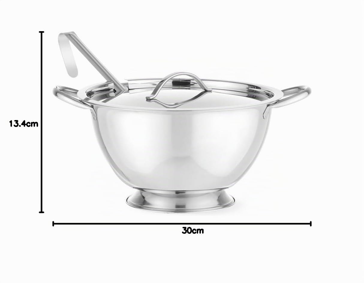 HENDI Sopera con tapa y cucharón, recipiente para servir sopas y salsas, 2,7L, ⌀270x(H) 175mm, acero inoxidable
