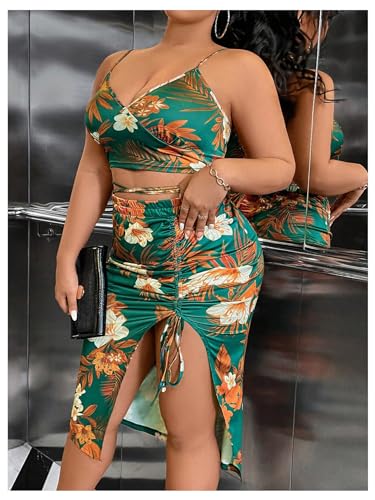 WDIRARA Women's Plus Size 2 Piece Outfits Floral Print V Neck Crisscross Cami Top and Split Thigh Skirt Set4