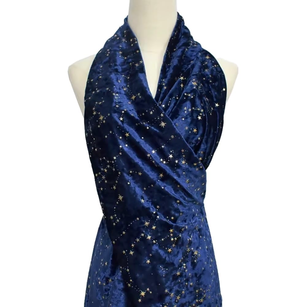 Tela De Terciopelo Elástico (poliéster Y Elastano) - 160 Cm De Ancho X 200 Cm De Largo, Estampado De Estrellas, 11 Tonos | For Confección De Vestidos Y Costura DIY(NavyBlue)