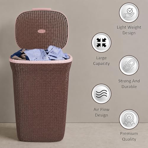 Image of KITCHIVO Plastic Large 55 Ltr Laundry Basket with Lid & Handle | Multipurpose Hamper Bins Storing Washable Clothes, Blankets | Household Ideal for Home & Bathroom (Marriott Brown Laundry Basket)