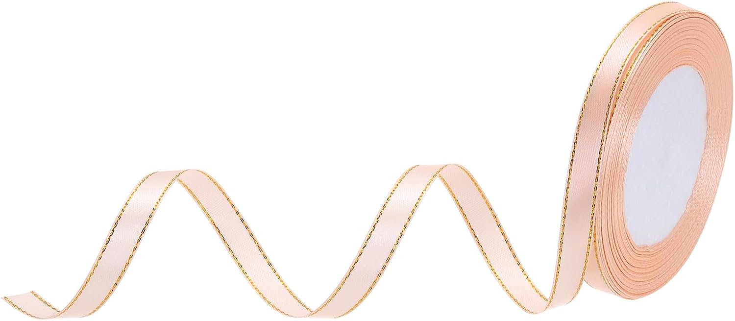 MECCANIXITY 3/8 Inch 25 Yard Wide Satin Ribbon with Gold Edges Border Grosgrain Fabric Ribbon for Gift Wrapping Wedding Bouquet, Champagne Gold