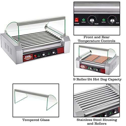 Image of Great Northern Popcorn 9 Roller Hot Dog Machine with Tempered Glass Cover - Countertop Hot Dog Roller Makes Up to 24 Hotdogs, Brats, or Sausages