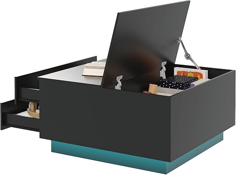 KEEPREAPER Black LED Square Coffee Table with 2 Drawers, Flip-Top Design