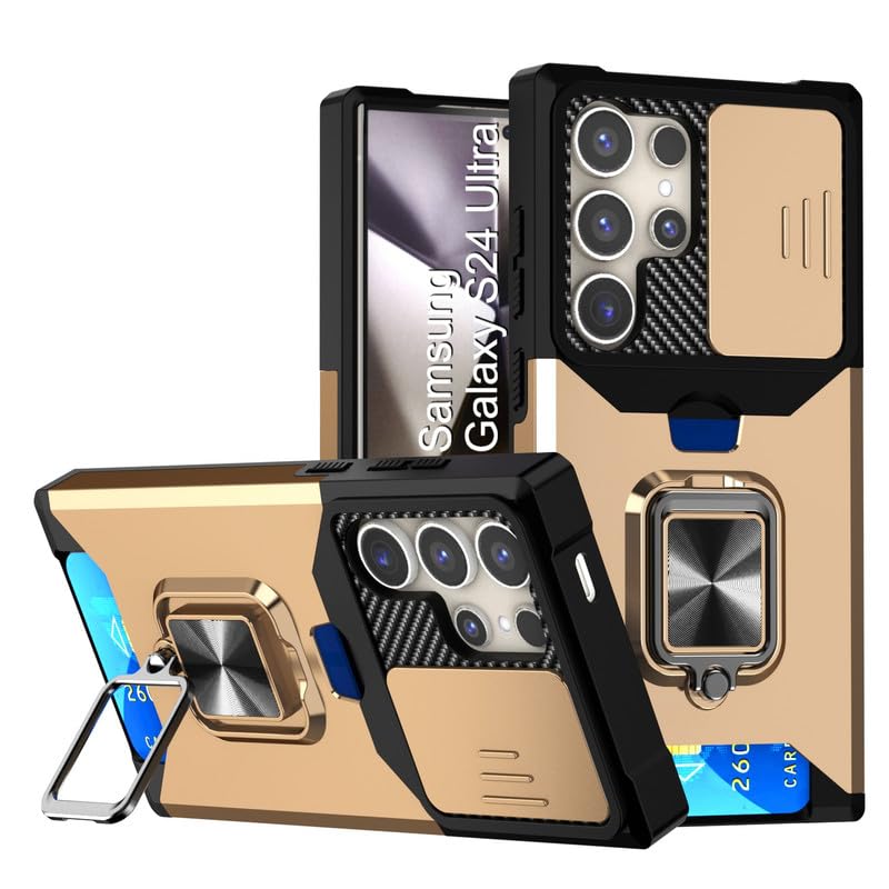 Image of LuxuryKase Shockproof Armor Case for Samsung Galaxy S24 Ultra | Slide Camera Cover | Hidden Card Slot | Rotating Ring Kickstand | Magnetic Car Mount Support | Military Grade Protection - Gold