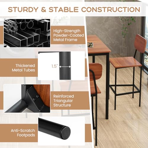 Image of Giantex 5-Piece Dining Table Set W /Counter Height Table & 4 Bar Stools, Industrial Kitchen Dining Table Set W /Footrest & Backrest, Space-Saving Dinette Set for Pub, Dining Room, Restaurant (Walnut)