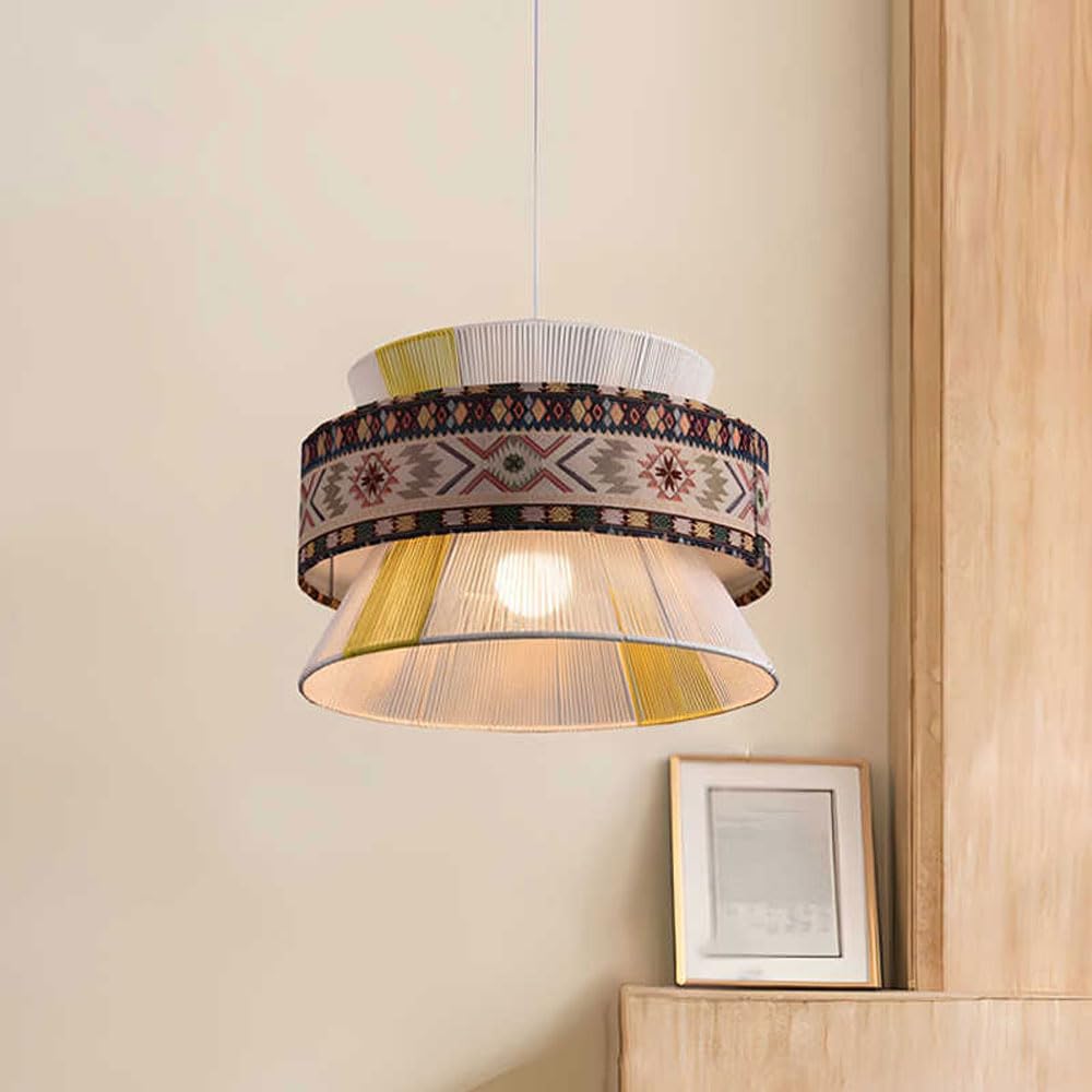 Bohemian Cotton Rope Woven Chandelier 13.77" Hand Pendant Lights Weaving Lampshade with Classic Tropical Pattern Elements for Living Room, Dining