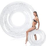 Wettarn Jumbo Pool Floats 47.24 Inches Large Float Tube Inflatable Pool Floats Clear Swim Floats Adults Size Swimming Tube with Colorful Sequins for Beach, Lake, Pool Party Supplies (1 Pc)