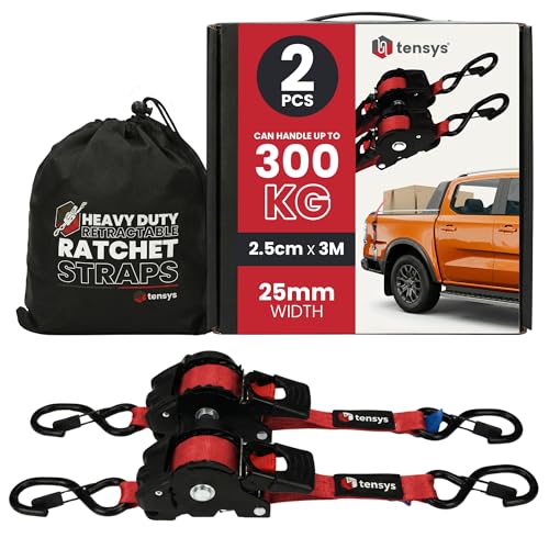 TENSYS Retractable Ratchet Tie Down Straps Set Heavy Duty Auto Self Retracting Ratchet Straps with Padded Handles for Cargo Luggage Furniture Motorcycle Roof Rack Red 2 Pack 25mm x 3m