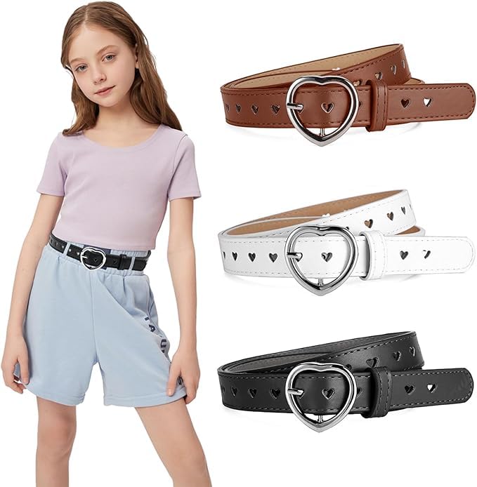 3 Stück Kindergürtel Mädchen, PU Verstellbare Herz Schnalle Taillengürtel, Herz Schnalle Leder Mädchen Gürtel, Kindergürtel für 6-12 Jahre Kinder Hosen Röcke Jacken (Kamelfarbener, Schwarz, Weiß)