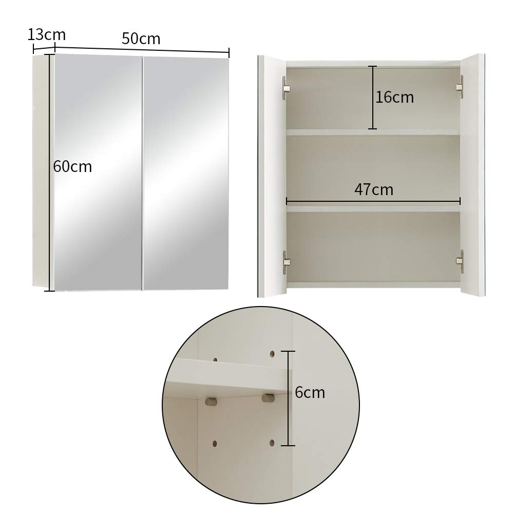 TUKAILAi Armario con Espejo de baño de 2 Puertas con Estante Ajustable, montado en la Pared, Armario de baño con Doble Espejo, Estante Organizador de Madera, Armario para baño