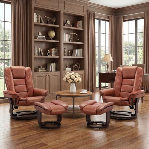 Image of Swivel Recliner Chair with Ottoman Reclining Lounge Sofa Footrest, Set of 2 | 360Sturdy Wood Base, Soft PU Leather, Upholstered Ultra-Plush Foam, Modern Armchair, Living Room Bedroom Office Reading Home