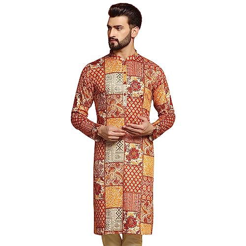 Image of KISAH Men's Navy Blue Printed Cotton Kurta - Regular Fit Long Tunic with Mandarin Collar | Ethnic Wear for Weddings & Festive Occasions