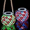 2PCS Solar Mosaic Lights Outdoor Hanging Lanterns Glass Ball Garden Lights Decorative Mosaic Solar Lamps Waterproof Solar Led Night Light for Garden Patio Pathway Yard Decor