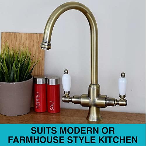 ENKI, Dorchester, KT059, Antique Oil Rubbed Bronze Dual Flow Kitchen Sink Mixer Tap for Basin, Twin White Levers Swivel Spout Perfect for Double Bowl Sinks, Easy Safe to use Drip Free Ceramic Valve