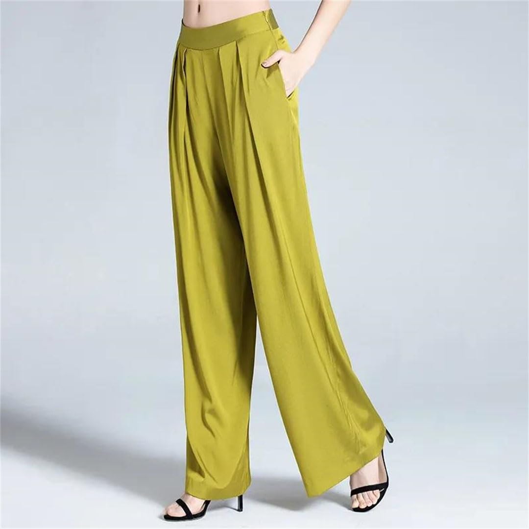 Générique Pantalon Femme Taille Haute en Soie – Jambe Large Longue, Coupe Droite, Idéal Été pour Bureau Et Quotidien(Black,Large)