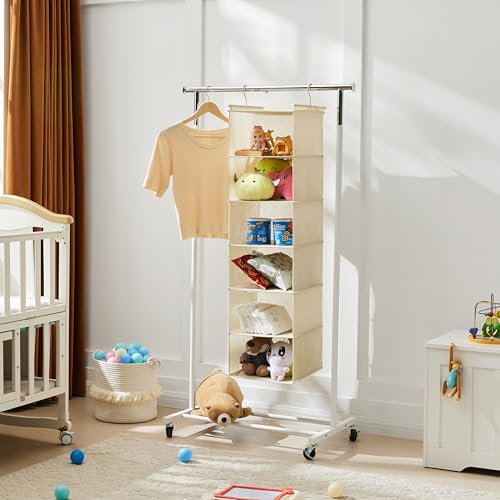 Image of MAX Houser 6 Tier Shelf Hanging Closet Organizer, Cloth Hanging Shelf with 2 Sturdy Hooks for Storage, Foldable (Beige)